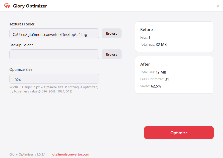 Glory Optimizer - 62.5% size reduction results